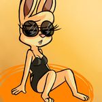 2016 anthro breasts cleavage clothed clothing disney eyewear fan_character female gradient_background half-closed_eyes inkyfrog lagomorph looking_at_viewer mammal maxine_d&#039;lapin one-piece_swimsuit rabbit simple_background sitting solo sunglasses swimsuit yellow_background zootopia 