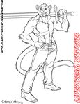  anthro clothed clothing cybercat feline looking_at_viewer male mammal melee_weapon monochrome muscular smile solo standing sword weapon 