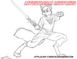  anthro canine clothed clothing cybercat fox fur hair lightsaber looking_at_viewer male mammal monochrome solo standing star_wars watermark 