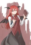  arm_up bat_wings black_skirt book collared_shirt cowboy_shot dress_shirt eyebrows eyebrows_visible_through_hair hair_between_eyes head_wings highres holding holding_book koakuma long_hair long_sleeves looking_at_viewer m92fs maroon_background necktie red_eyes red_hair red_neckwear red_vest ringed_eyes shirt sidelocks simple_background sketch skirt smile solo touhou vest white_shirt wings 