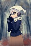  bobblehat commentary_request domino_mask drinking earmuffs grey_eyes highres hotaru_(splatoon) long_skirt mariners_coat mask mole mole_under_eye puchiman scarf skirt solo splatoon_(series) splatoon_1 symbol-shaped_pupils tentacle_hair yellow_eyes 