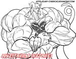  anthro canine cybercat horn hyper hyper_muscles looking_at_viewer male mammal monochrome muscular smile solo vein 
