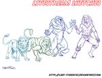  anthro biped blue_theme clothed clothing cybercat feline feral group lion looking_at_viewer male mammal mane muscular sketch smile 
