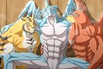  abs anthro armpits avian bird blush burokuso dragon group lifted male male/male mammal muscular nude pecs raihi shining_(series) shining_force shining_wind simple_background spread_legs spreading video_games 