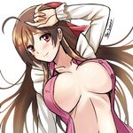 ahoge arm_at_side blouse breasts brown_hair buttons hair_ornament hair_ribbon hairclip hand_on_own_forehead head_tilt highres kantai_collection kappougi large_breasts light_smile long_hair looking_at_viewer mamiya_(kantai_collection) navel no_bra open_blouse open_clothes pink_blouse ponytail red_eyes ribbon smile solo the-sinner unbuttoned upper_body 