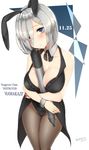  animal_ears artist_name ascot between_breasts black_neckwear blue_eyes breasts bunny_ears bunnysuit character_name coattails collarbone crossed_arms dated detached_collar eyes_visible_through_hair fake_animal_ears hair_ornament hair_over_one_eye hairband hairclip hamakaze_(kantai_collection) highres kantai_collection large_breasts pantyhose sakiryo_kanna shiny shiny_hair short_hair silver_hair sitting solo torpedo vest wrist_cuffs 