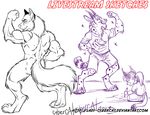  anthro canine cervine clothed clothing cybercat deer group hybrid looking_at_viewer male mammal muscular sitting sketch smile standing 