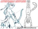  anthro archery blue_theme clothed clothing cybercat duo feline female looking_at_viewer male mammal sketch standing watermark 