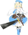  bangs blue_eyes boots bow dress full_body greaves grimms_notes hair_bow hat holding holding_sword holding_weapon looking_at_viewer open_mouth scarf simple_background solo swept_bangs sword weapon white_background yaegashi_nan 