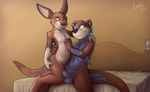  anthro balls bed blue_eyes breasts brown_eyes brown_fur erection female fur happy hybrid inside iztli kangaroo male male/female mammal marine marsupial mustelid nipples on_bed otter penis purple_scales rubbing scales smile uncut 