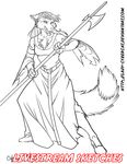  anthro axe canine chest_tuft cybercat female fur hair mammal melee_weapon monochrome open_mouth solo standing tuft weapon 