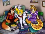  anthro canine clothed clothing cybercat feline female food fox group inside mammal open_mouth pajamas pillow popcorn sitting smile tiger 