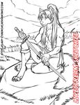  anthro canine clothed clothing cybercat female mammal melee_weapon monochrome outside sitting smile solo sword topless watermark weapon 