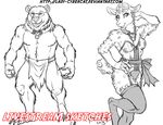  anthro bear caprine clothed clothing cybercat duo female looking_at_viewer male mammal monochrome open_mouth sheep smile watermark 