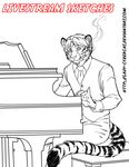  anthro cigar clothed clothing cybercat feline looking_at_viewer male mammal monochrome musical_instrument necktie piano sitting smile solo tiger 