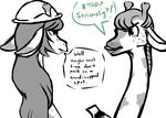  2016 anthro armor black_and_white dialogue disney duo edy_(inkyfrog) english_text fan_character female giraffe hard_hat helmet horn inkyfrog mammal monochrome simple_background text white_background zootopia 