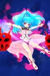  1girl alfimi artist_request banpresto bare_legs bare_shoulders blue_hair energy facial_mark fangs female full_body horns long_hair looking_at_viewer mask ponytail red_eyes smile solo super_robot_wars thong very_long_hair 