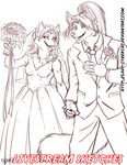  anthro canine clothed clothing cybercat dress duo female hand_holding male male/female mammal monochrome open_mouth smile standing wedding 