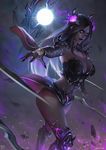  armor blade blank_eyes breasts cleavage dark_persona fingernails gradient_hair hair_ornament irelia large_breasts league_of_legends lipstick long_fingernails long_hair makeup midriff multicolored_hair nail_polish navel purple_hair shoulder_spikes signature solo spikes watermark weapon white_hair xiaoguimist 