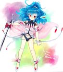  1girl alfimi artist_request banpresto bare_legs blue_hair facial_mark female full_body long_hair looking_at_viewer ponytail red_eyes smile solo super_robot_wars sword very_long_hair weapon 