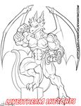  anthro cybercat dragon exercise horn looking_at_viewer male monochrome muscular scar solo standing weightlifting wings workout 