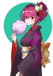  blush breasts cotton_candy eating fate/grand_order fate_(series) hair_ornament highres japanese_clothes kimono looking_at_viewer medium_breasts purple_hair red_eyes scathach_(fate)_(all) scathach_(fate/grand_order) solo warum 