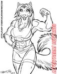  anthro canine clothed clothing cybercat female flexing looking_at_viewer mammal monochrome muscular open_mouth smile solo 