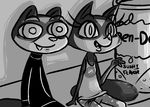  2016 anthro caitlin_vison clothed clothing cute_fangs disney duo english_text fan_character female greyscale inkyfrog male mammal monochrome mustelid percy_vison polecat sitting smile text zootopia 