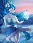  5_fingers anthro blue_eyes blue_hair breasts clothed clothing cutie_mark day detailed_background dress equine eyelashes fan_character female fur hair mammal my_little_pony outside silentwulv sky smile solo standing sun white_fur wide_hips 