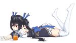  bare_shoulders black_hair cup drinking_straw highres long_hair lying neptune_(series) noire oekakizuki on_stomach orange_juice reading red_eyes ribbon solo thighhighs twintails very_long_hair 