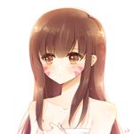  artist_name atobesakunolove bangs bare_shoulders blush blush_stickers breasts brown_eyes brown_hair cleavage closed_mouth collarbone d.va_(overwatch) eyebrows eyebrows_visible_through_hair facepaint facial_mark fingernails hand_up holding holding_towel long_fingernails long_hair medium_breasts naked_towel overwatch simple_background solo towel upper_body whisker_markings white_background 