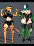  5_fingers abs angry anthro barefoot beauty_mark bell big_breasts blue_hair breasts camel_toe collar duo eye_contact female flexing green_eyes hair hand_on_hip huge_breasts human kemono mammal muscular muscular_female saffron_(safurantora) safurantora stripes 