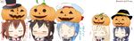  0_0 1 5girls :3 =_= ahoge bare_shoulders beret black_ribbon blonde_hair blue_hair blush blush_stickers brown_hair chibi closed_eyes elbow_gloves fingerless_gloves flying_sweatdrops giggling gloves gradient_hair grin hair_flaps hair_ornament hair_ribbon hairclip halloween hat highres jack-o'-lantern kantai_collection long_hair mae_(maesanpicture) multicolored_hair multiple_girls neckerchief nose_blush numbered pumpkin pumpkin_hat remodel_(kantai_collection) ribbon sailor_collar samidare_(kantai_collection) scarf school_uniform serafuku shigure_(kantai_collection) shiratsuyu_(kantai_collection) short_hair smile squiggle suzukaze_(kantai_collection) sweatdrop top_hat translated twintails twitter_username wavy_mouth witch_hat yuudachi_(kantai_collection) 