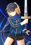  &gt;:) ahoge artist_name artoria_pendragon_(all) bad_id bad_pixiv_id bangs baseball_cap black_legwear blonde_hair blue_eyes blue_jacket blue_scarf blue_sky brown_shorts commentary cowboy_shot dark_excalibur dated dual_wielding excalibur fate_(series) hair_between_eyes hat highres holding holding_sword holding_weapon jacket kneehighs leg_up mugipot mysterious_heroine_x night night_sky ponytail rojiura_satsuki:_chapter_heroine_sanctuary scarf shorts signature sky smile solo sword track_jacket v-shaped_eyebrows weapon 