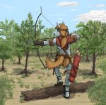  archer bandolier belt bow canine clothing footwear forest leather loincloth looking_away male mammal marsonaut melee_weapon ponytail sandals scabbard sword tree weapon wolf 