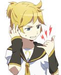  1boy blonde_hair blue_eyes kagamine_len male_focus ponytail serafuku simple_background solo sweating torla vocaloid white_background 