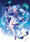  blue_eyes blue_footwear blue_hair bunny comet_(teamon) detached_sleeves earrings fingerless_gloves gloves hair_ornament hair_ribbon hairclip hatsune_miku jewelry long_hair ribbon shoes snowflakes star_night_snow_(vocaloid) twintails very_long_hair vocaloid wand yuki_miku yukine_(vocaloid) 