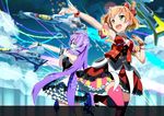  :d aircraft airplane bangs blonde_hair blue_hair bow cloud cloudy_sky collared_shirt commentary detached_sleeves drill_hair fighter_jet freyja_wion frilled_skirt frills gochou_(atemonai_heya) green_eyes hair_bow hair_ornament heart heart_hair_ornament highlights holding holding_microphone idol jet knee_up long_hair macross macross_delta microphone mikumo_guynemer military military_vehicle multicolored_hair multiple_girls necktie open_mouth orange_hair outstretched_arm pink_legwear puffy_sleeves purple_eyes purple_hair red_bow shirt short_hair short_sleeves skirt sky smile standing star_(sky) starry_sky striped striped_skirt thighhighs variable_fighter vest vf-31 vf-31c vf-31e vf-31j walkure_(macross_delta) white_shirt yellow_neckwear 
