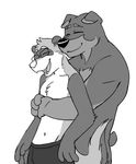  2013 anthro bigmaster boxers_(clothing) canine clothed clothing digital_media_(artwork) dog duo eyebrows eyes_closed eyewear fangs ferret floppy_ears glasses grabbing_from_behind greyscale happy hug male mammal mask_(marking) monochrome mustelid navel nevarrio nude open_mouth raz_buckner rottweiler short_tail simple_background small_tail smile teeth topless underwear vasuki white_background 