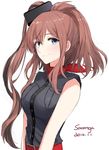  2016 bare_shoulders belt black_blouse blouse blue_eyes breasts character_name dated eyebrows eyebrows_visible_through_hair hair_between_eyes jpeg_artifacts kantai_collection long_hair looking_at_viewer medium_breasts morinaga_miki neckerchief pocket ponytail red_belt red_neckwear remodel_(kantai_collection) saratoga_(kantai_collection) side_ponytail simple_background smile solo upper_body white_background 