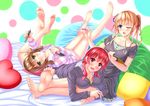  :d absurdres ahoge barefoot blonde_hair blue_eyes blush breasts brown_hair collar crossed_ankles cushion feet green_eyes grin hair_ribbon hashima_izumi heart heart_pillow highres large_breasts looking_at_viewer low_twintails lying mechanical_pencil multicolored multicolored_polka_dots multiple_girls on_back on_stomach one_eye_closed open_mouth pajamas pencil pillow polka_dot polka_dot_background pov_feet purple_eyes red_hair ribbon saenai_heroine_no_sodatekata sagara_mayu sawamura_spencer_eriri shirouzu_myuuta short_hair shorts smile soles striped the_pose toes trait_connection twintails 