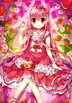  absurdres bow collarbone dress eyebrows eyebrows_visible_through_hair food fruit fujima_takuya hair_bow highres holding long_hair looking_at_viewer open_mouth original pink_hair red_dress red_eyes scan sitting solo spoon white_bow wrist_cuffs 