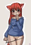  2015 anthro bangs black_nose blush bottomless breasts brown_fur cat cheek_tuft clitoris clothed clothing feline female fur hair hand_on_chin kemono long_hair looking_at_viewer mammal milkexplorer nipple_bulge panties panties_down panty_pull pubes pussy red_hair simple_background solo sweater tuft underwear undressing 