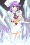 1girl atwight_eks breasts dress hat ice open_mouth purple_hair red_eyes sword tales_of_(series) tales_of_destiny thighhighs very_long_hair weapon 