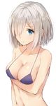  arm_at_side bikini bikini_top blue_bikini_top blue_eyes breast_hold breasts cleavage from_above hair_over_one_eye halter_top halterneck hamakaze_(kantai_collection) highres kantai_collection large_breasts lips looking_at_viewer navel rikoma short_hair sideboob silver_hair solo swimsuit upper_body 