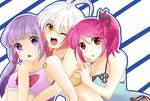  3girls ahoge bare_shoulders bikini blush breasts brown_eyes cheria_barnes long_hair multicolored_hair multiple_girls navel one_eye_closed open_mouth pascal_(tales) pink_hair purple_hair ribbon short_hair side_ponytail sophie_(tales) swimsuit tales_of_(series) tales_of_graces twintails wink yellow_eyes 