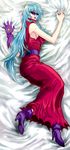  arachnemon armpits bangs bare_shoulders bed_sheet belt blue_hair boots dakimakura digimon digimon_adventure_02 dress elbow_gloves eno456 full_body gloves lipstick long_dress long_hair looking_at_viewer lying makeup nail_polish parted_lips single_glove solo very_long_hair 