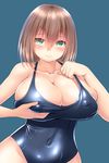  blush breasts brown_hair covered_nipples green_eyes highres huge_breasts looking_at_viewer oekakizuki one-piece_swimsuit original shiny shiny_clothes solo swimsuit 