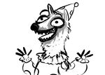  2016 anthro black_and_white clothed clothing clown disney fan_character hat hyena inkyfrog male mammal monochrome nightmare_fuel open_mouth ozzy_(weaver) pack_street party_hat raised_arm sharp_teeth simple_background smile solo teeth white_background wide_eyed zootopia 
