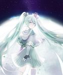  absurdres asymmetrical_legwear black_gloves blue_eyes blue_hair fingerless_gloves fuyu_no_yoru_miku gloves hair_ornament hatsune_miku highres kneehighs long_hair looking_at_viewer ly solo star thighhighs twintails very_long_hair vocaloid 